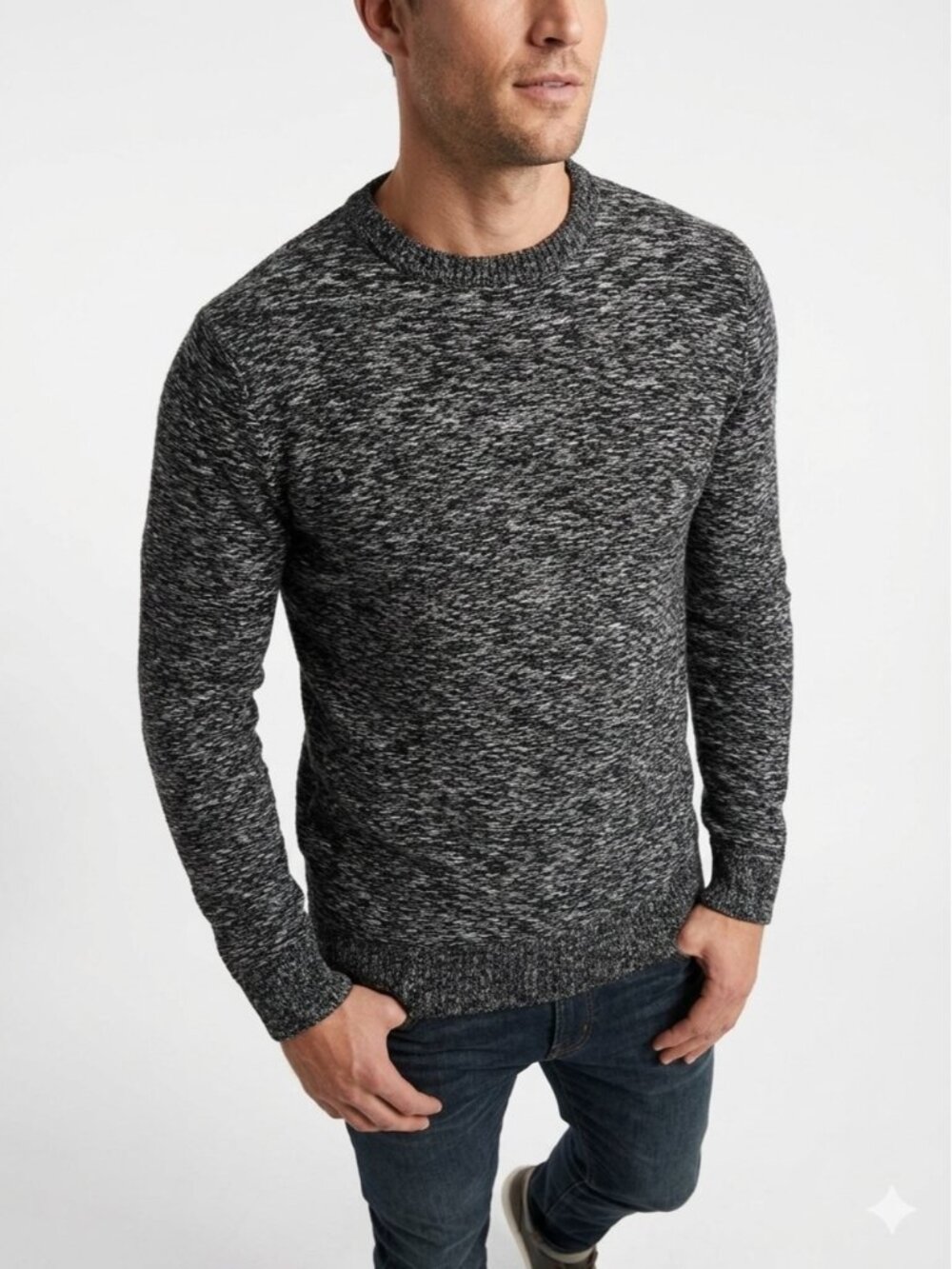 Grafton Men's Black & White Marled Knit Crewneck Sweater - Size M - 604